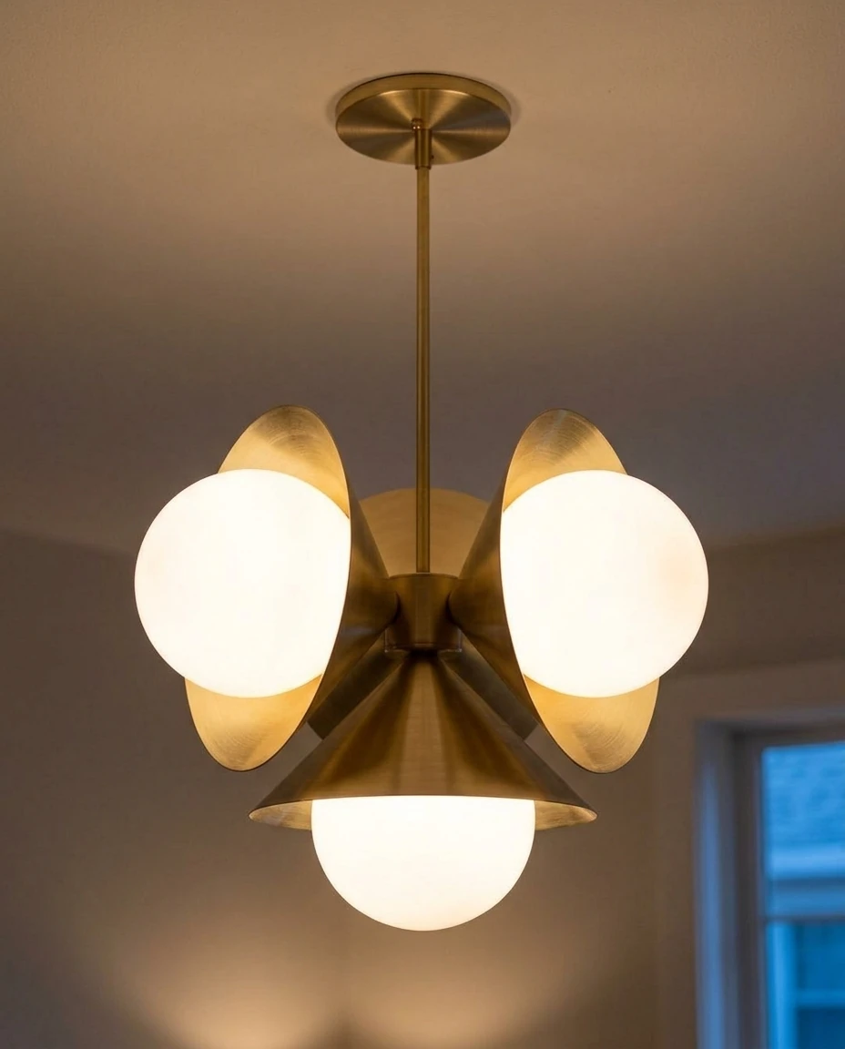 AI-generated brass cone chandelier photography: cone and globe detail