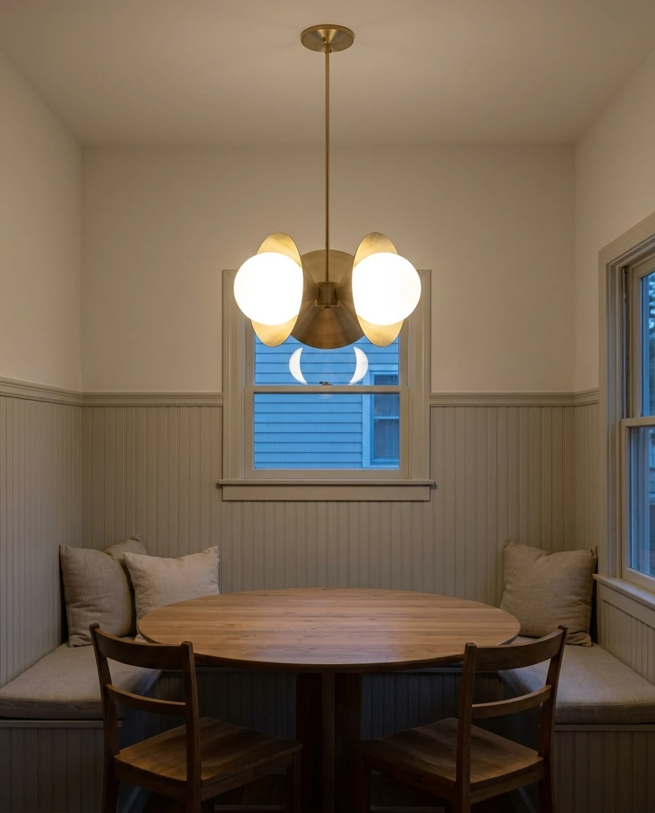 AI-generated brass cone chandelier photography: dusk in the dining nook