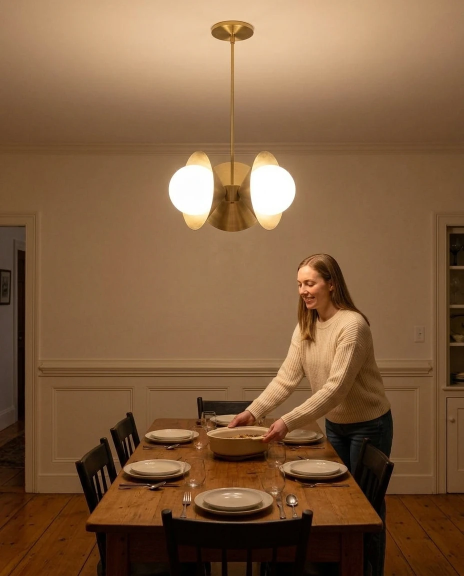 Brass cone chandelier in an AI-generated setting