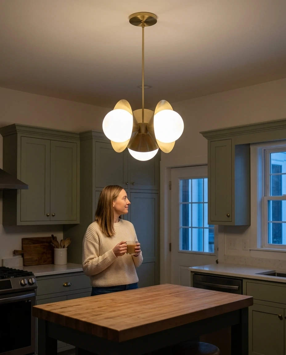 AI-generated brass cone chandelier photography: morning coffee