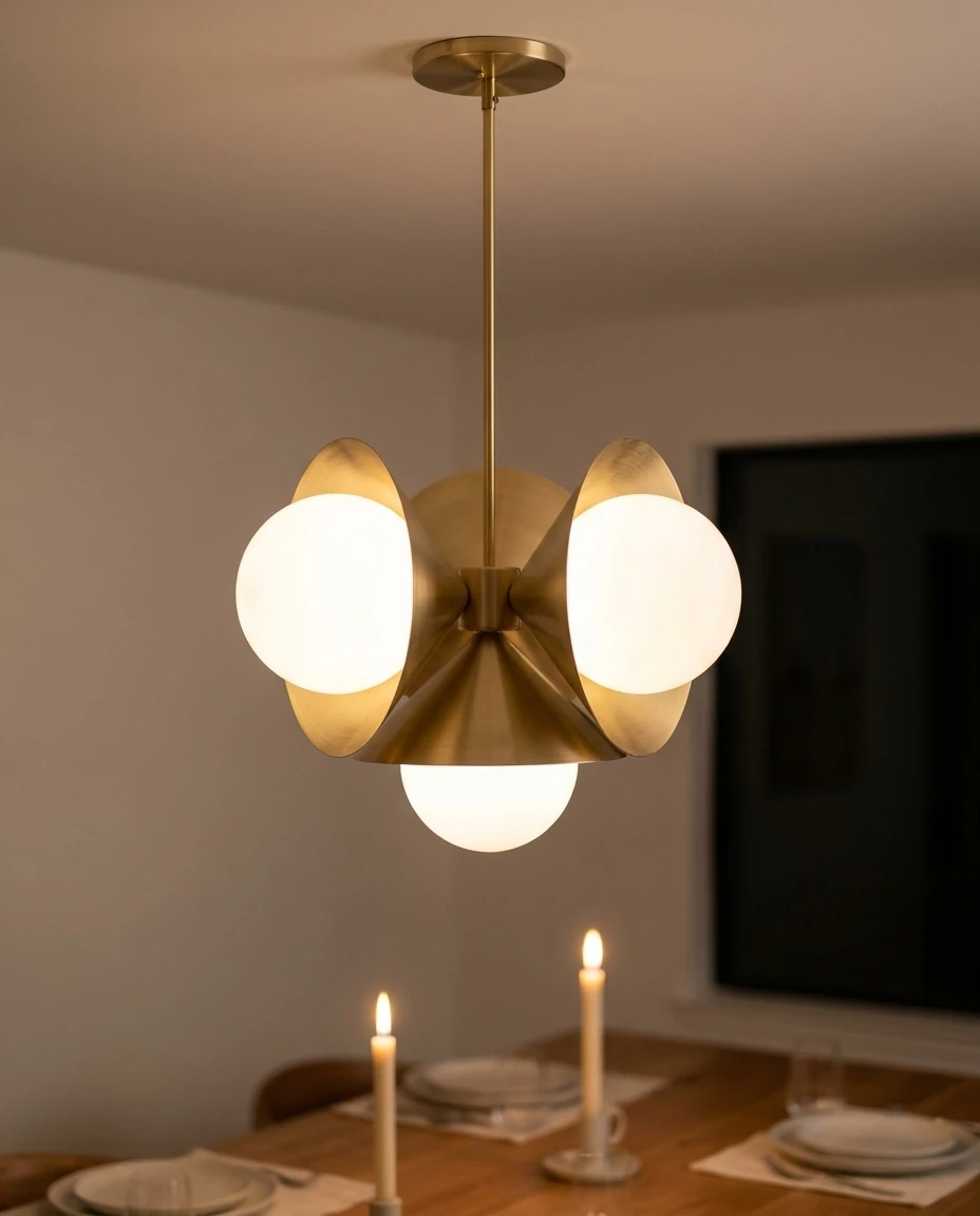 AI-generated brass cone chandelier photography: evening glow