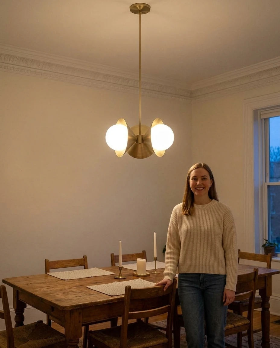AI-generated brass cone chandelier photography: scale in the room