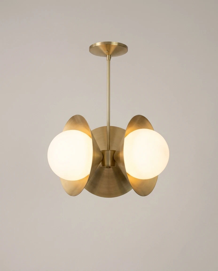 AI-generated brass cone chandelier photography: studio view