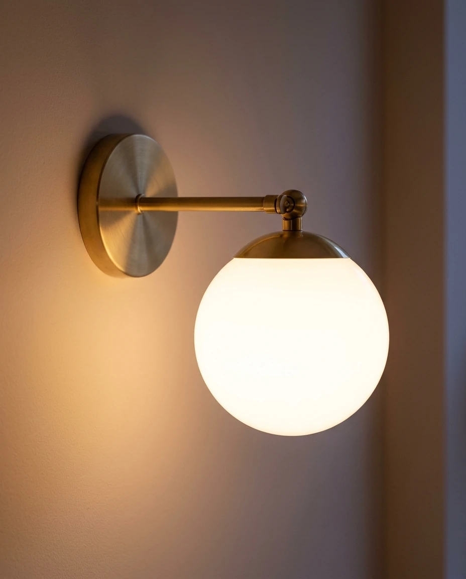 AI-generated brass globe wall sconce photography: arm and cap detail