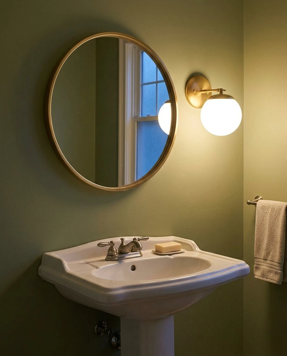AI-generated brass globe wall sconce photography: beside the mirror