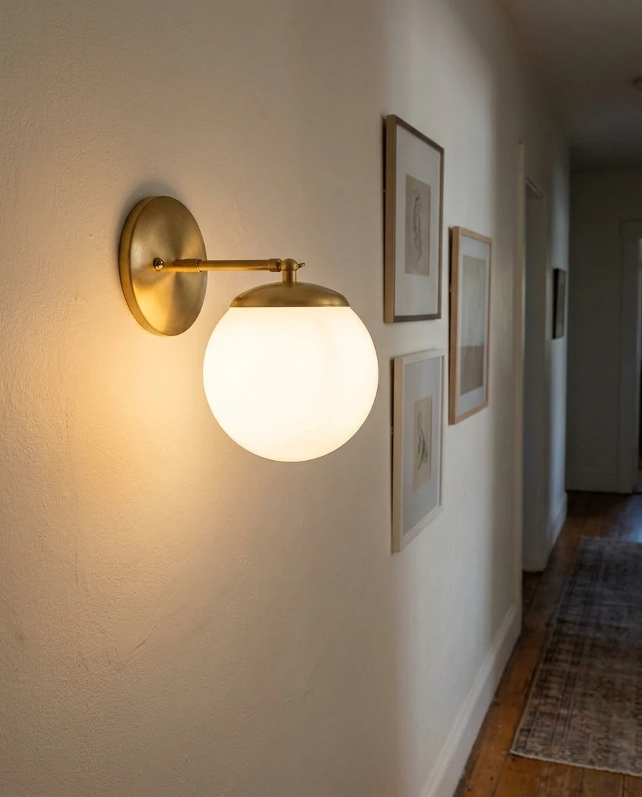 AI-generated brass globe wall sconce photography: hallway glow