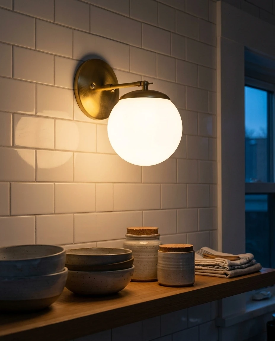 AI-generated brass globe wall sconce photography: above the kitchen shelf