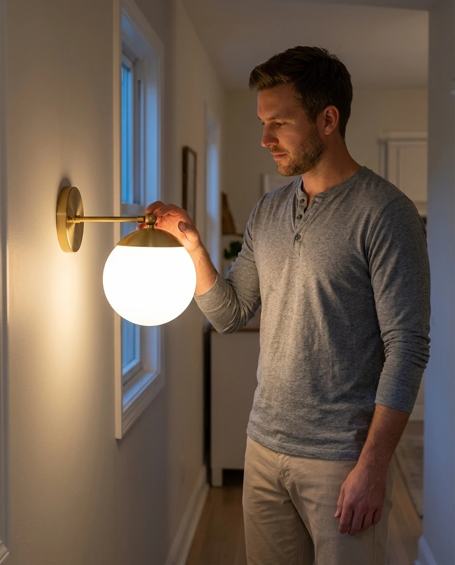 AI-generated brass globe wall sconce photography: adjusting the globe
