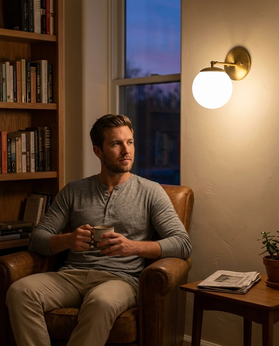 AI-generated brass globe wall sconce photography: reading nook