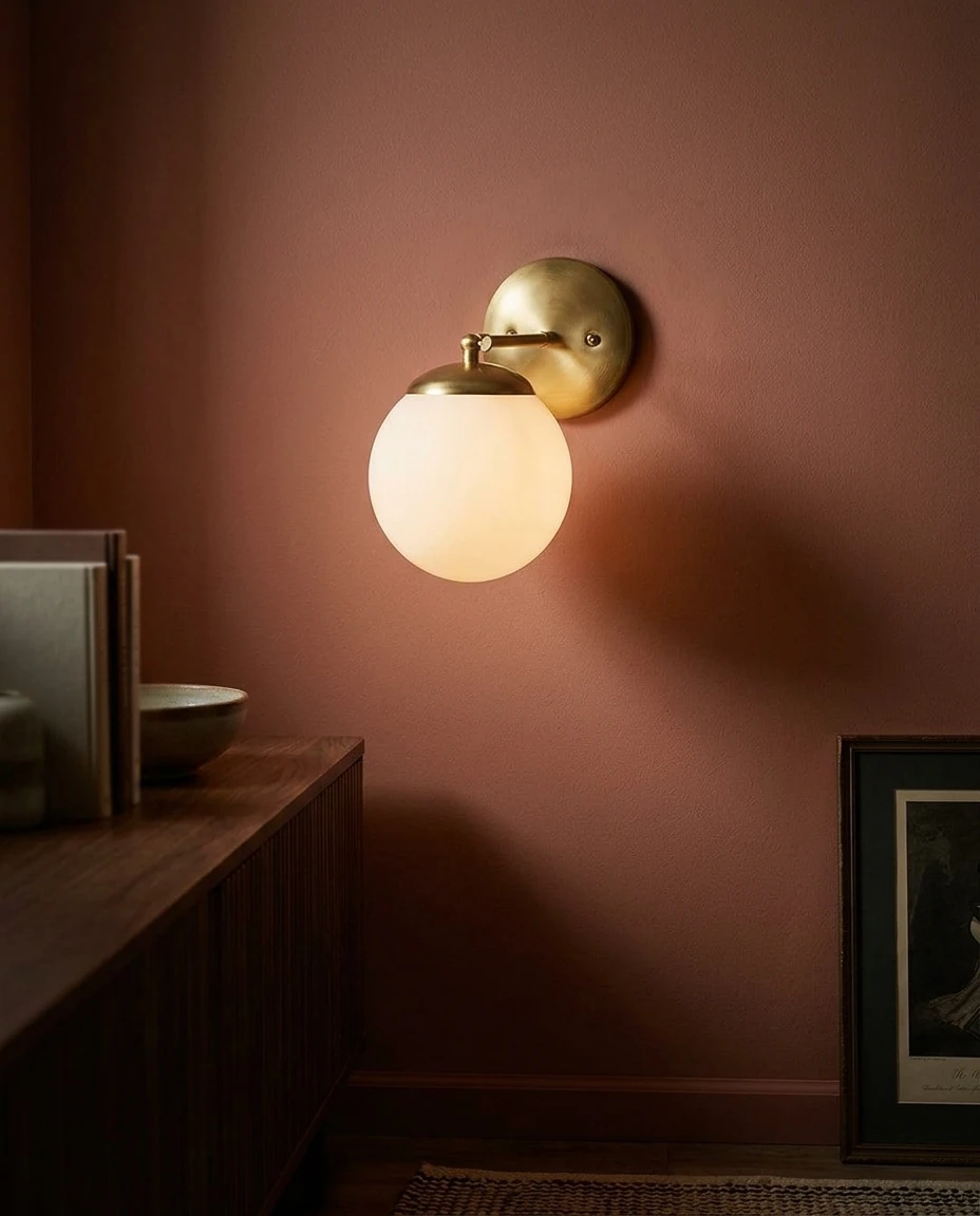 AI-generated brass globe wall sconce photography: an evening wash of light