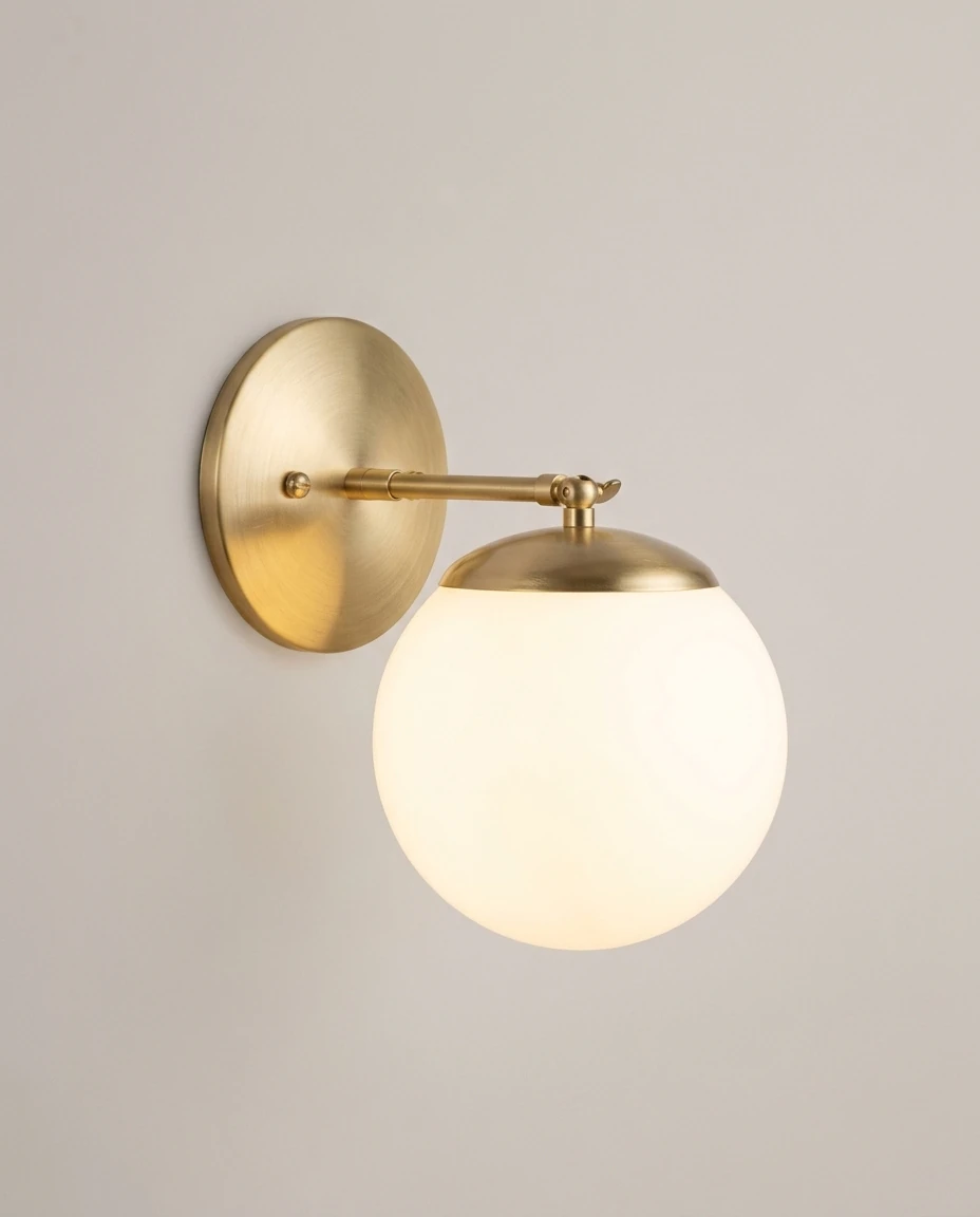 AI-generated brass globe wall sconce photography: studio view