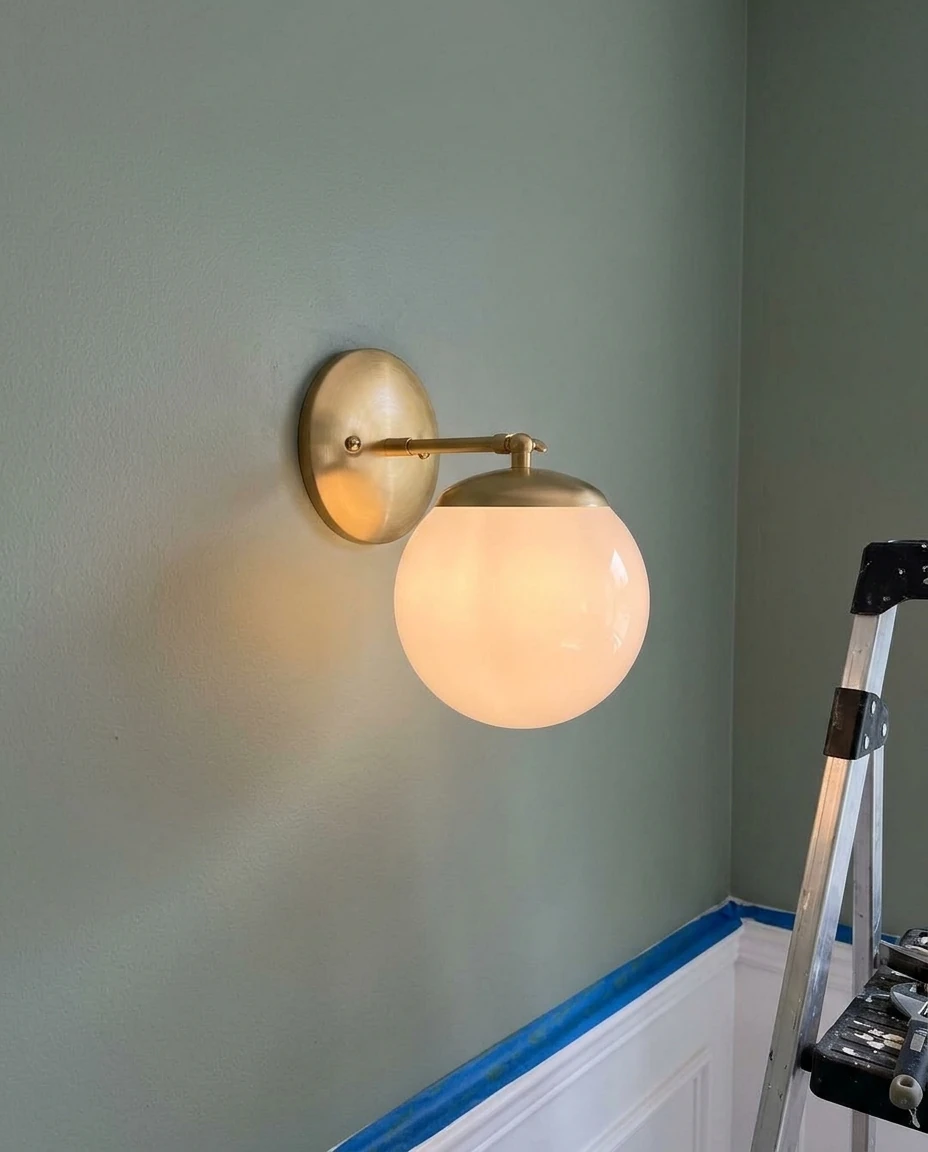 AI-generated brass globe wall sconce photography: freshly installed