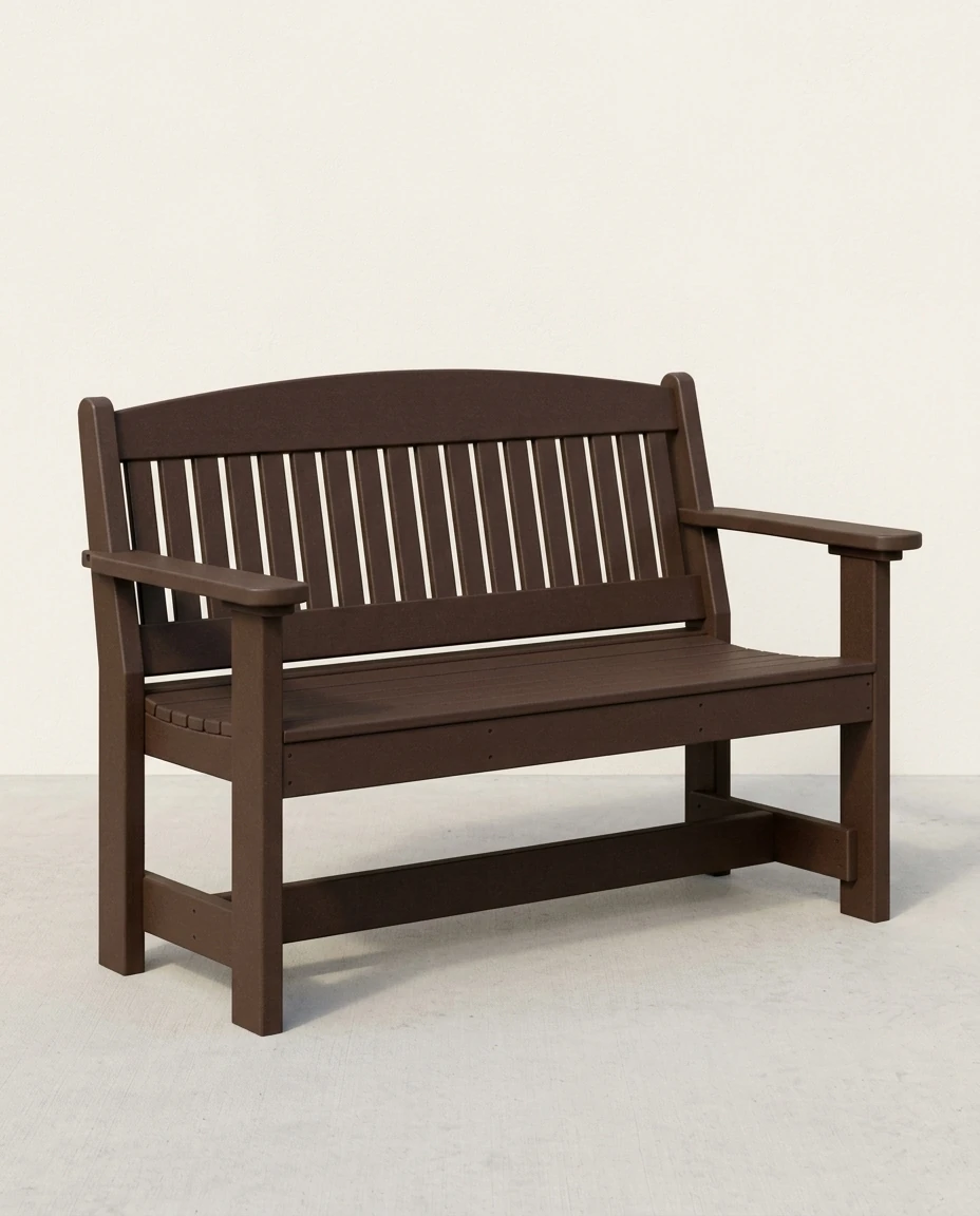 AI-generated poly garden bench photography: daylight, plain wall