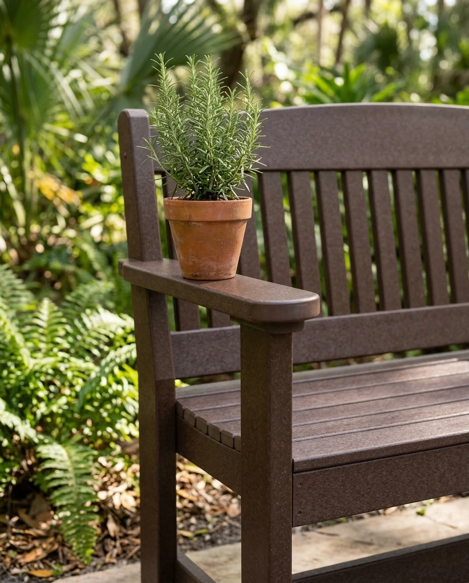 AI-generated poly garden bench photography: arm detail