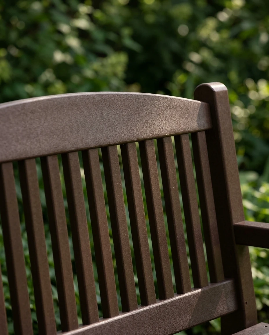 AI-generated poly garden bench photography: arched back and slats