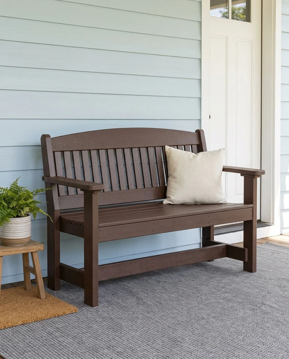 AI-generated poly garden bench photography: by the front door