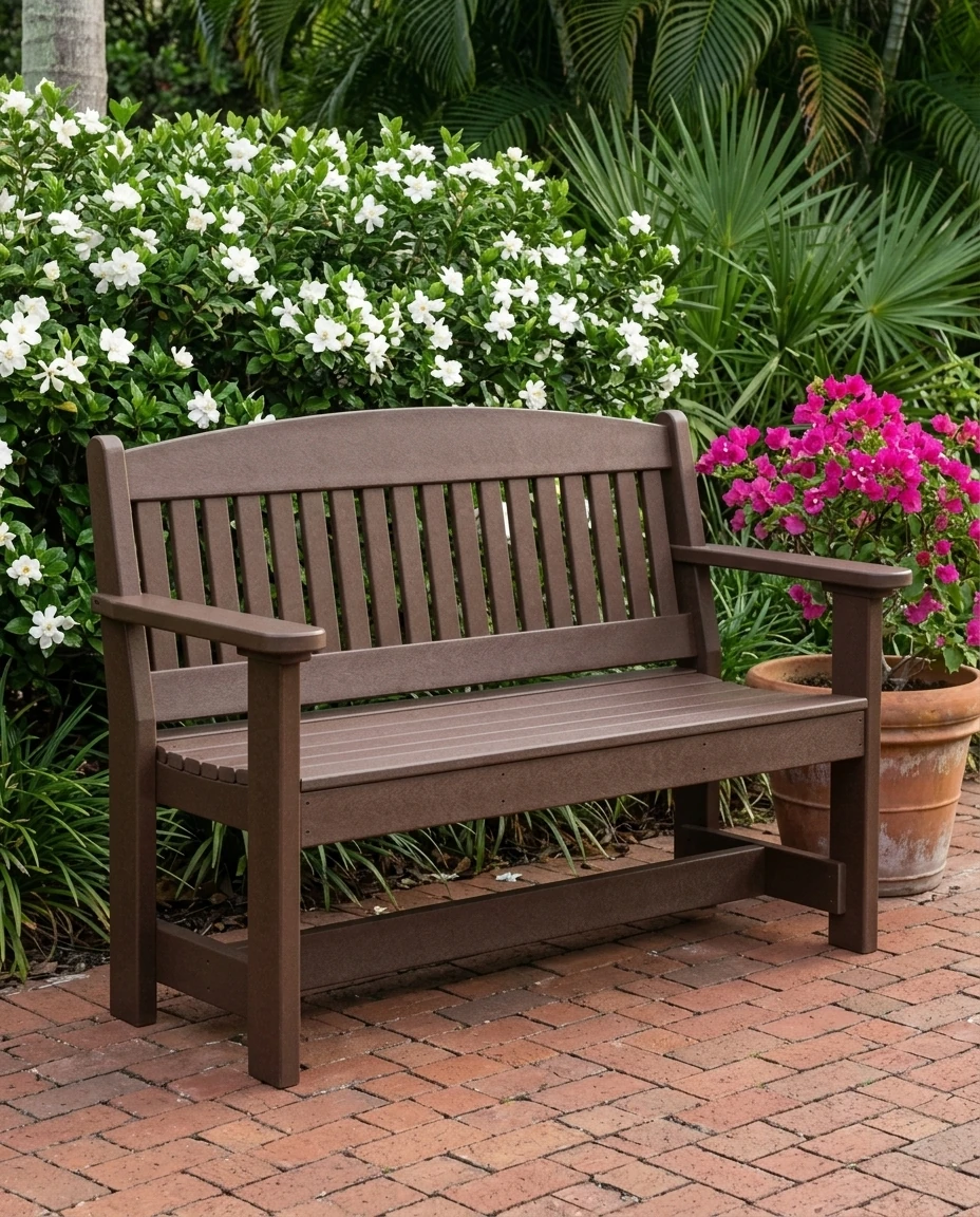 Poly garden bench in an AI-generated setting