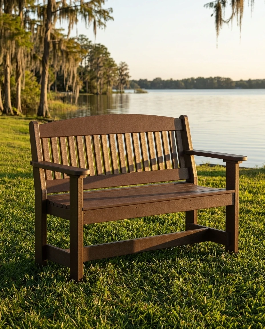 AI-generated poly garden bench photography: lakeside at golden hour