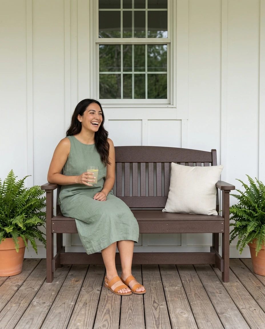 AI-generated poly garden bench photography: lemonade on the porch