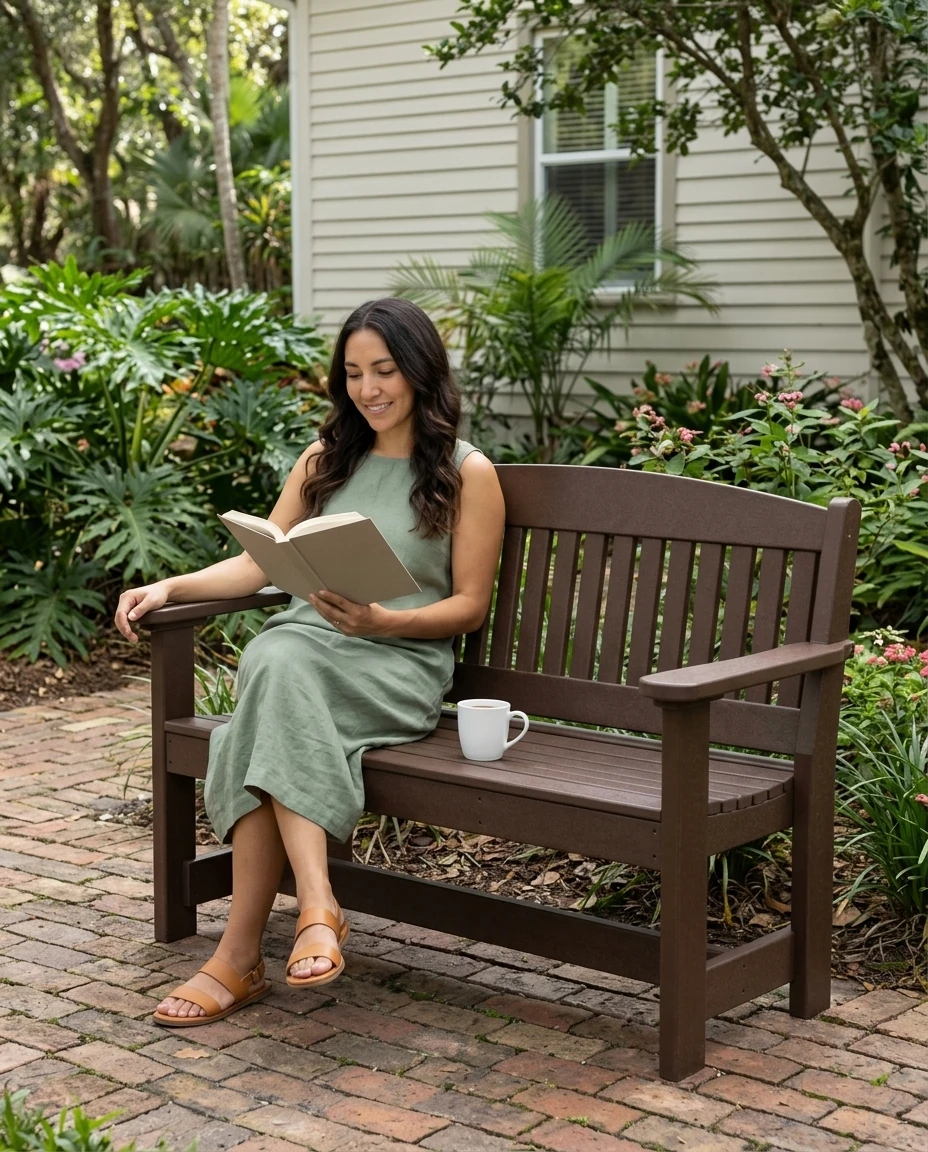 AI-generated poly garden bench photography: reading in the garden