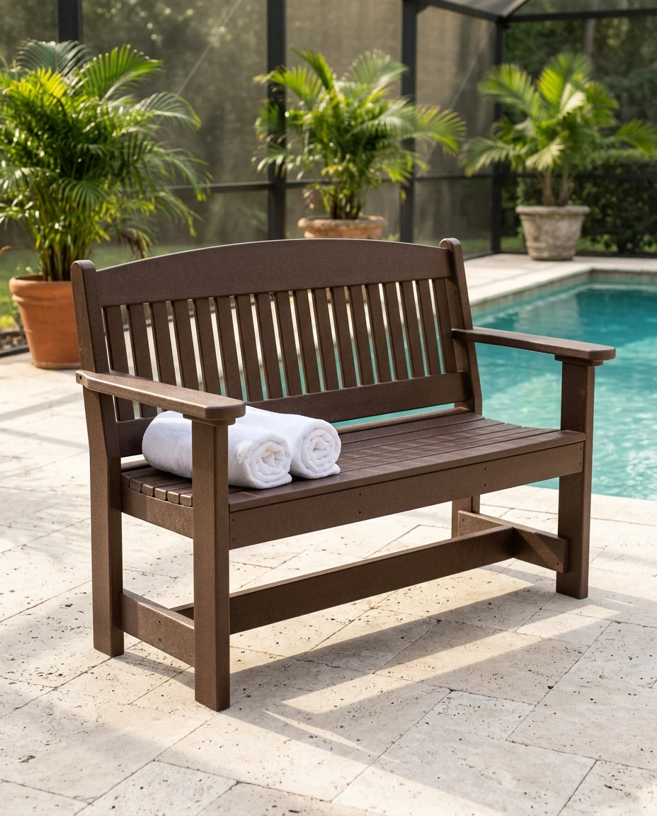 AI-generated poly garden bench photography: poolside