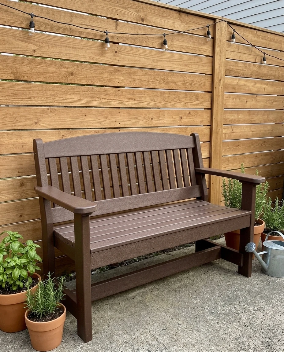 AI-generated poly garden bench photography: backyard corner