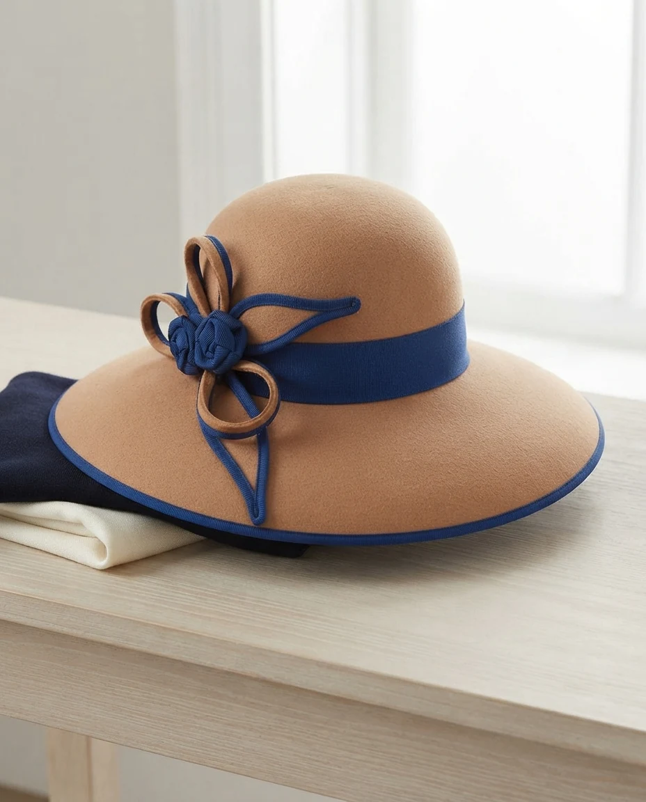 AI-generated camel felt hat photography: linen still life