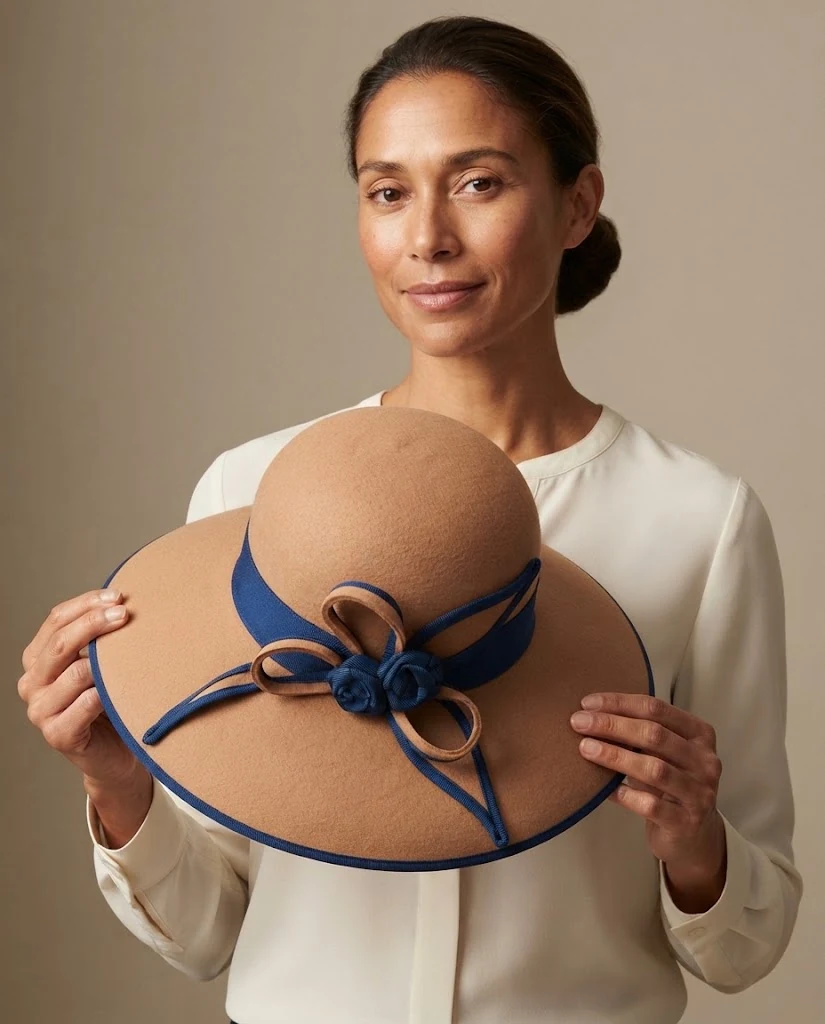 AI-generated camel felt hat photography: held portrait