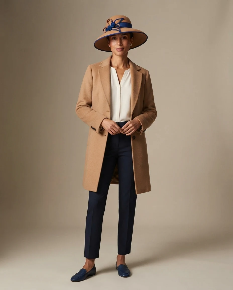 AI-generated camel felt hat photography: full outfit
