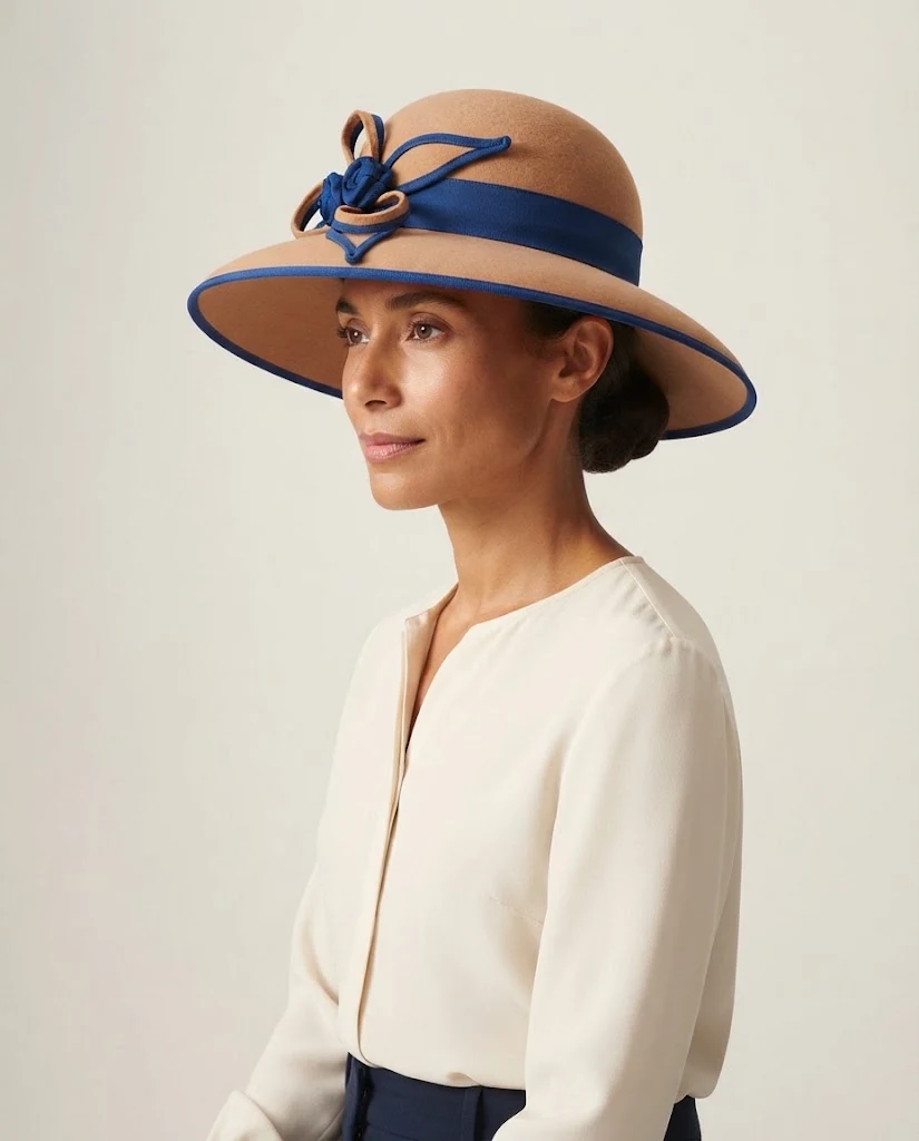 AI-generated camel felt hat photography: profile study