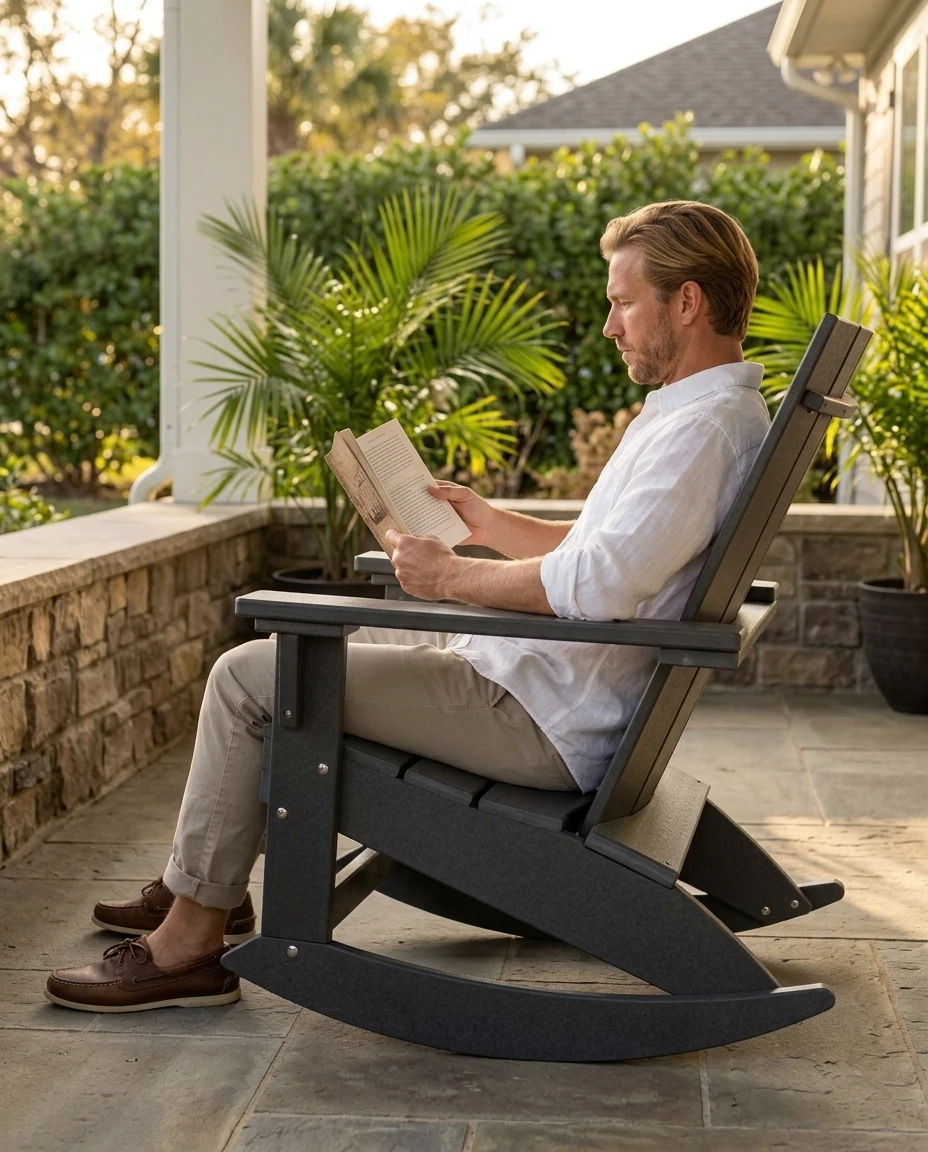 AI-generated modern poly rocker photography: reading on the porch