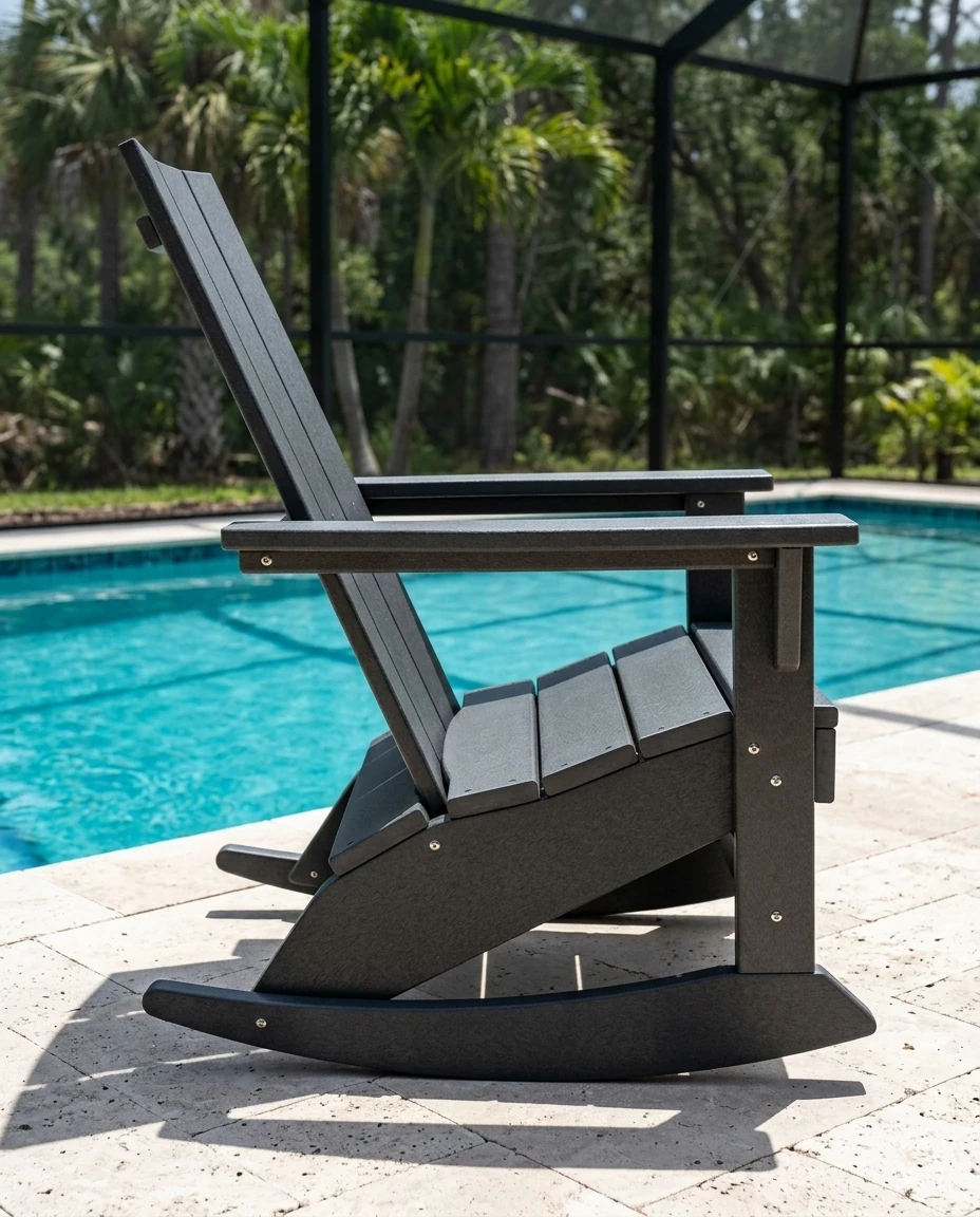 AI-generated modern poly rocker photography: side profile, pool deck