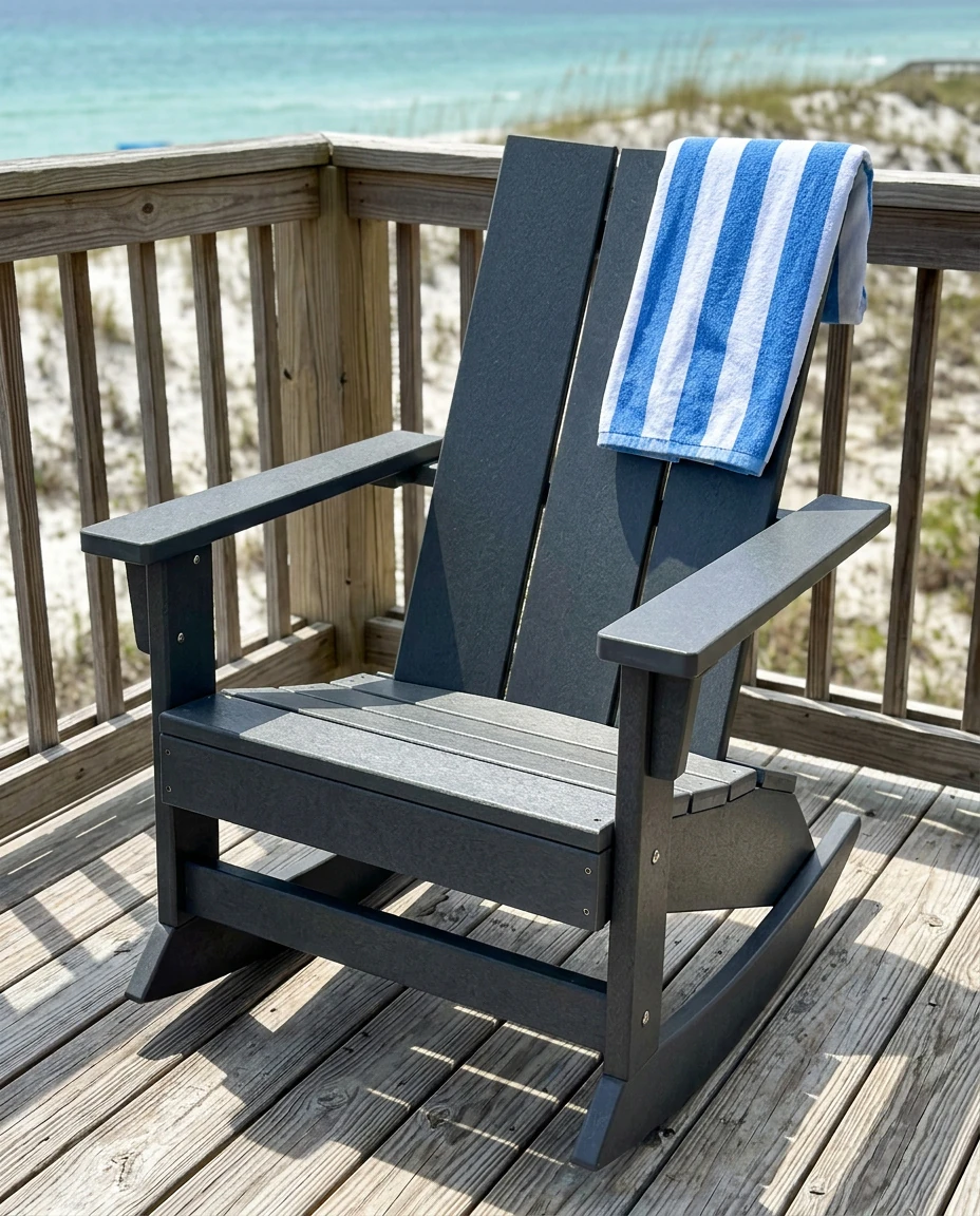 AI-generated modern poly rocker photography: beach-house deck