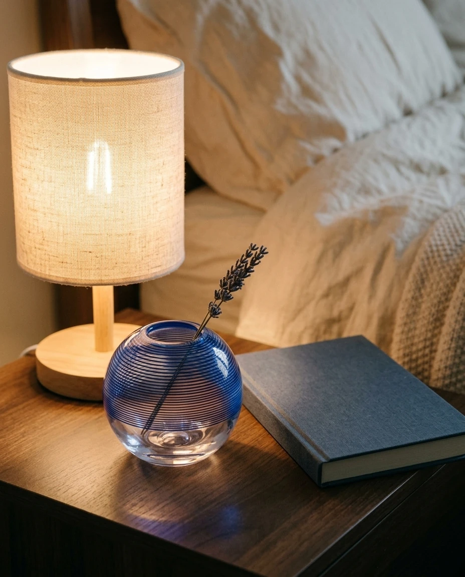 AI-generated cobalt thread vase photography: bedside, lamp on