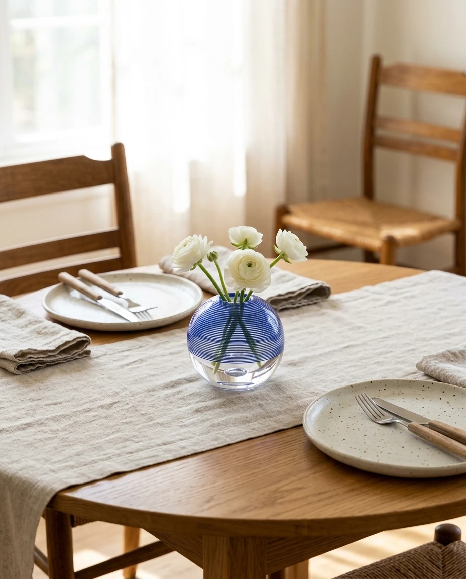 AI-generated cobalt thread vase photography: a small centerpiece