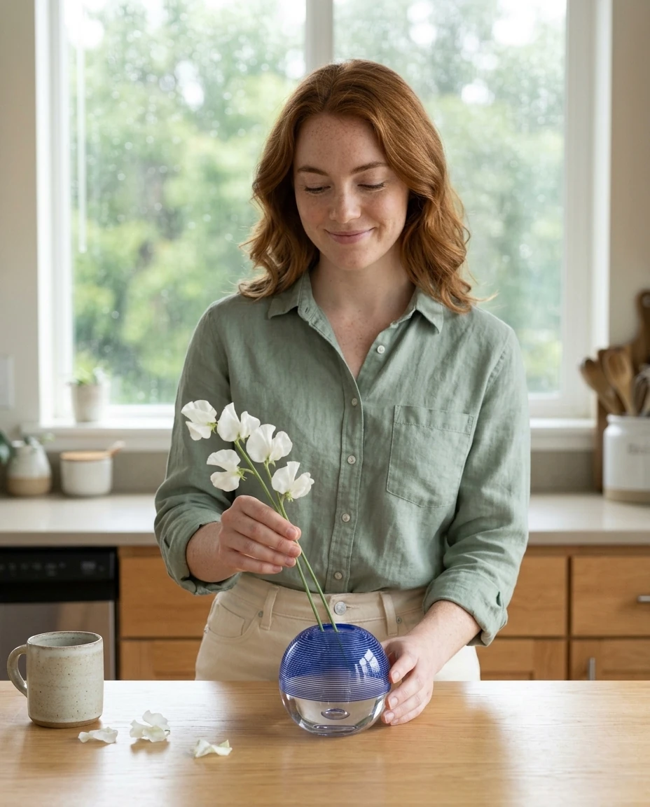 AI-generated cobalt thread vase photography: arranging sweet peas