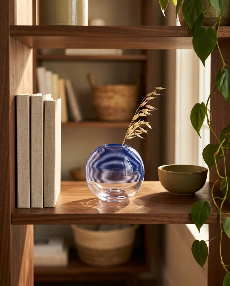 AI-generated cobalt thread vase photography: on the bookshelf