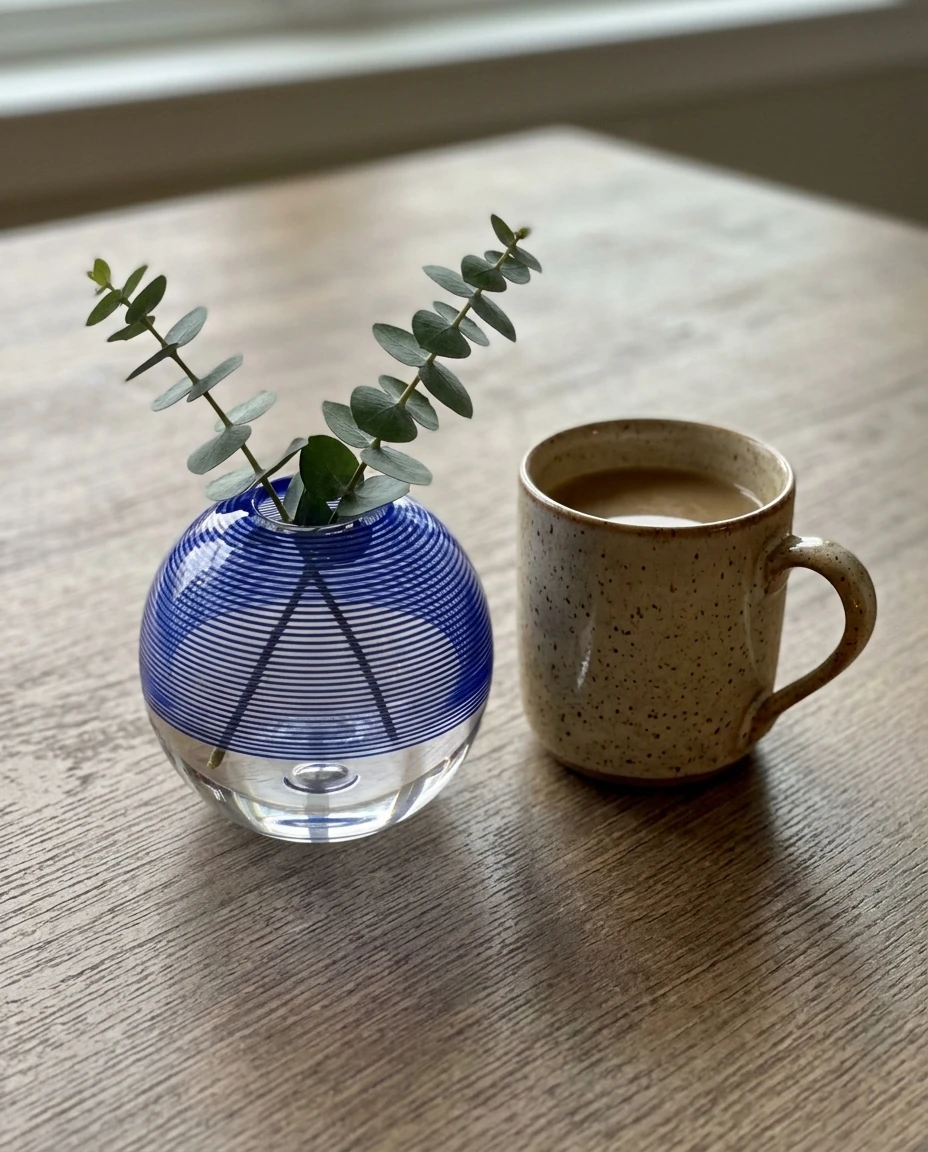 AI-generated cobalt thread vase photography: coffee-table snapshot