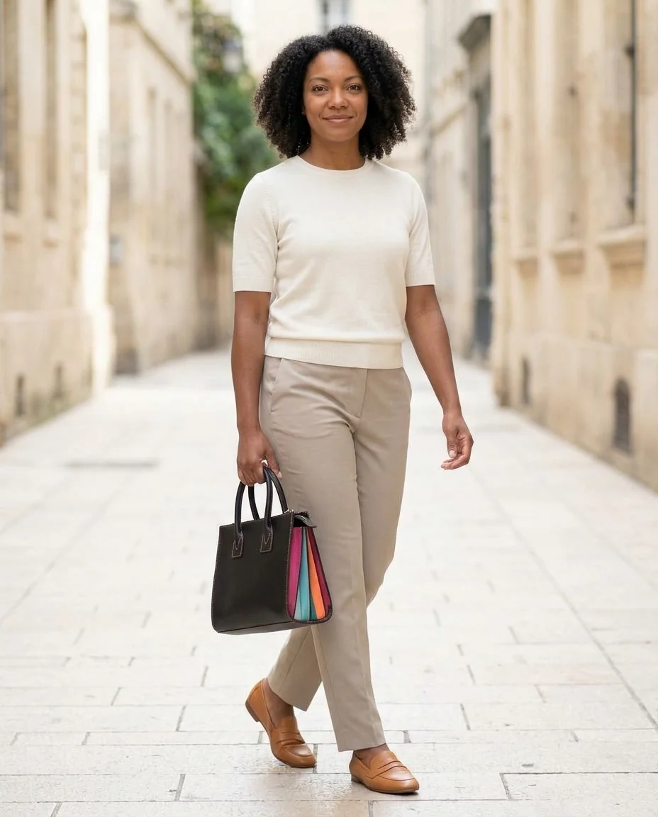 Colorblock satchel — AI-generated city walk