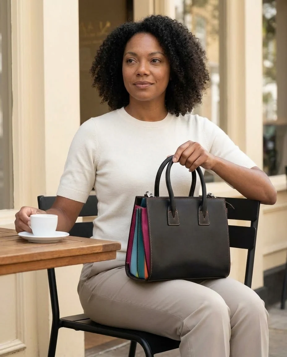 AI-generated colorblock satchel photography: café moment