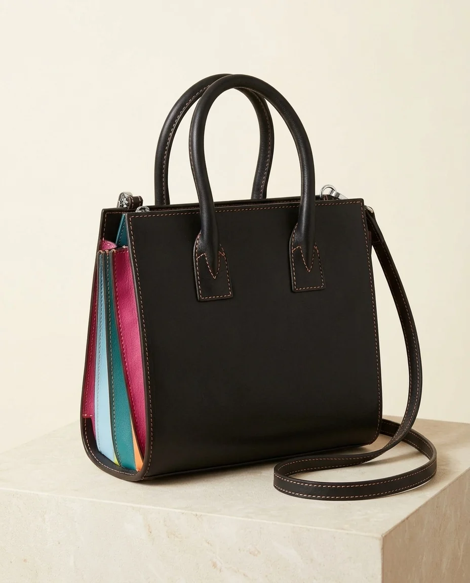 Colorblock satchel in an AI-generated setting
