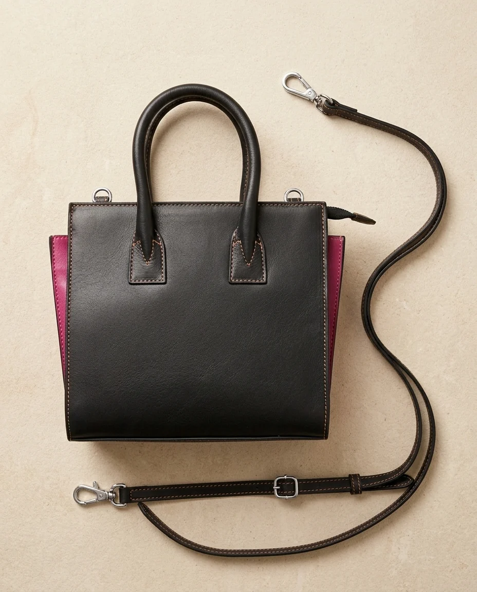 AI-generated colorblock satchel photography: removable strap