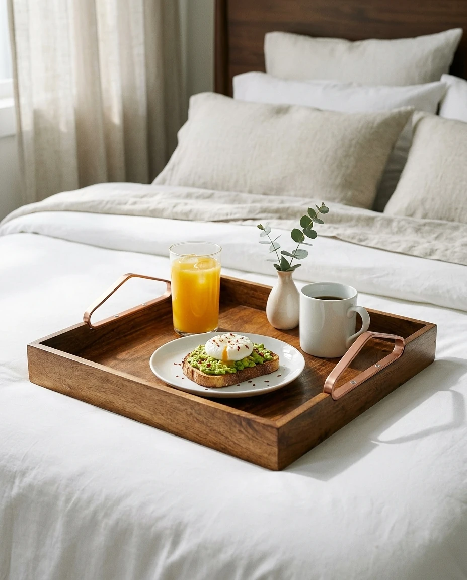 AI-generated copper-handle serving tray photography: breakfast in bed