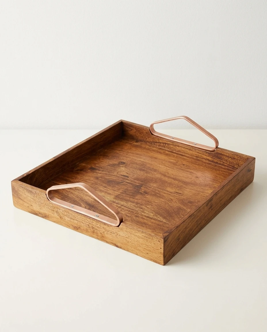 AI-generated copper-handle serving tray photography: daylight, plain wall