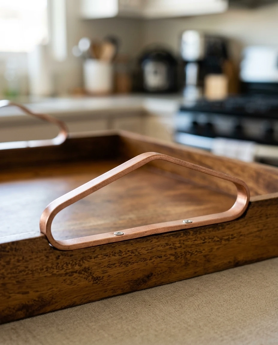 AI-generated copper-handle serving tray photography: copper handle detail