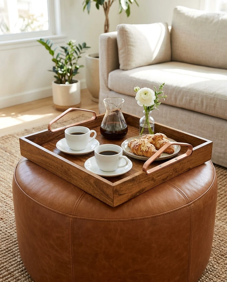Copper-handle serving tray in an AI-generated setting