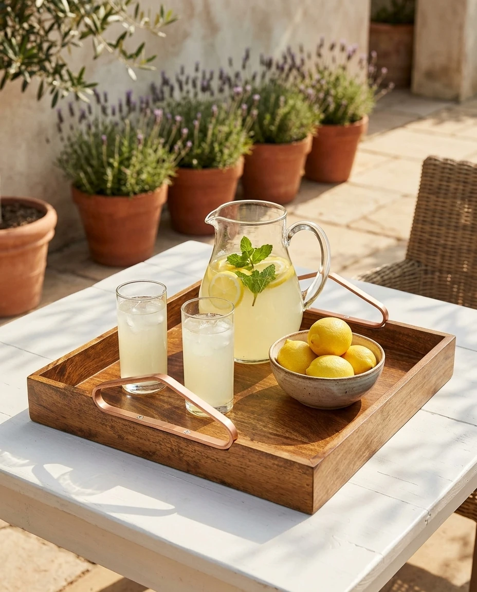 AI-generated copper-handle serving tray photography: lemonade on the patio