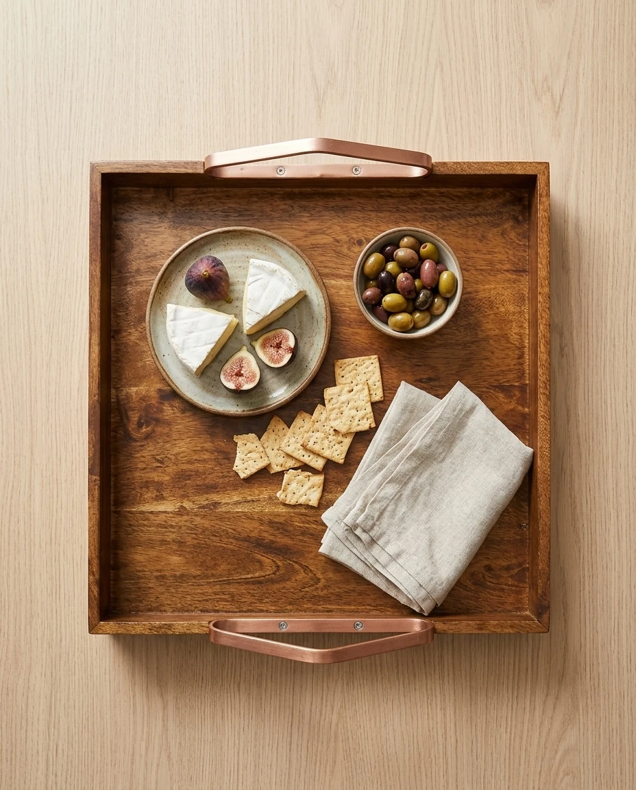 AI-generated copper-handle serving tray photography: from above