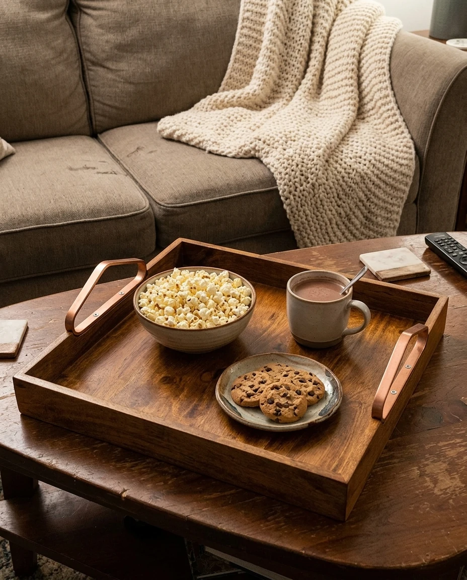 AI-generated copper-handle serving tray photography: movie-night snacks