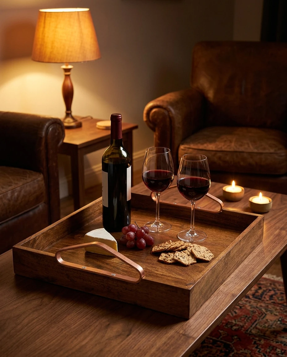 AI-generated copper-handle serving tray photography: wine and cheese evening